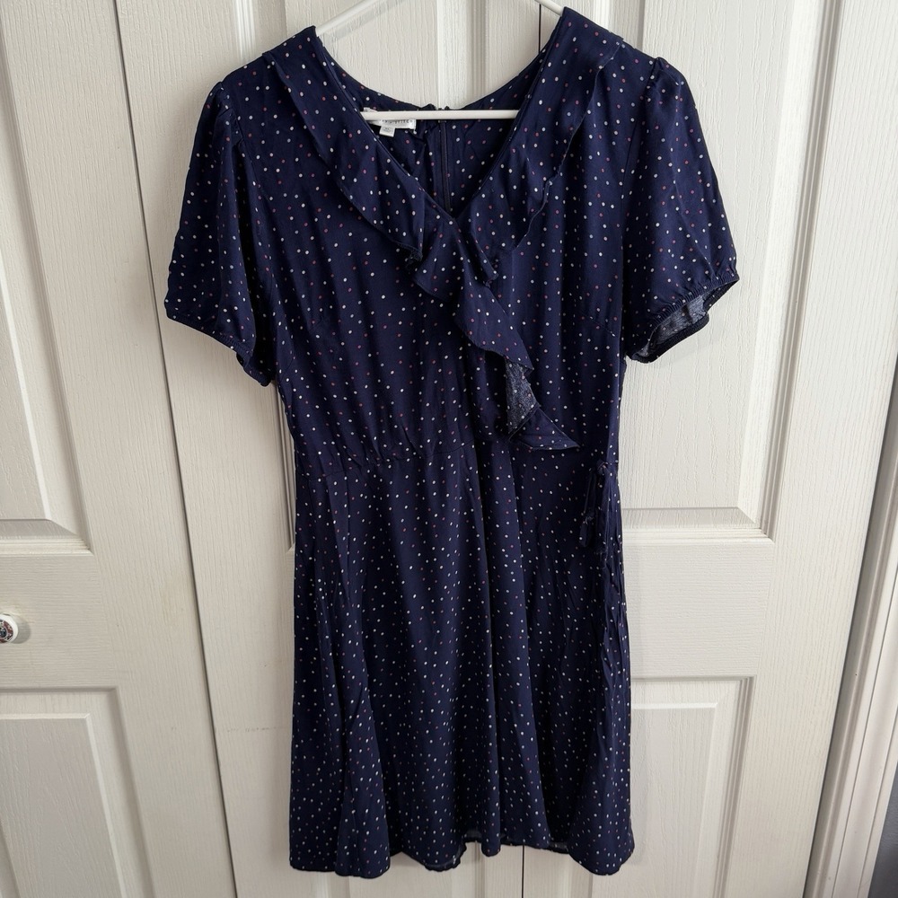 Society + Stitch Navy Polka Dot Faux Wrap Dress Women's Size XL Teacher Preppy